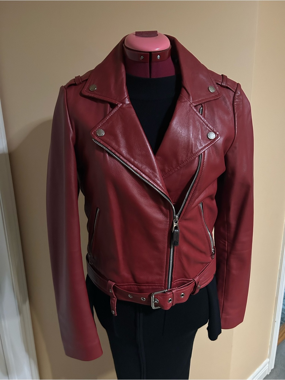 RUDSAK Women's Burgundy Leather Biker Jacket with Belt